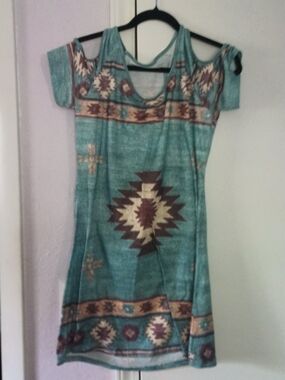 Turquoise Aztec Print Cold-Shoulder Dress